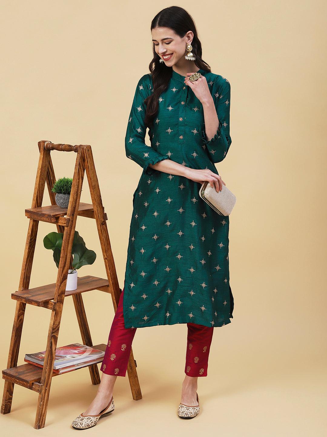 Solid Zari & Sequins Embroidered Kurta - Green - Indiakreations