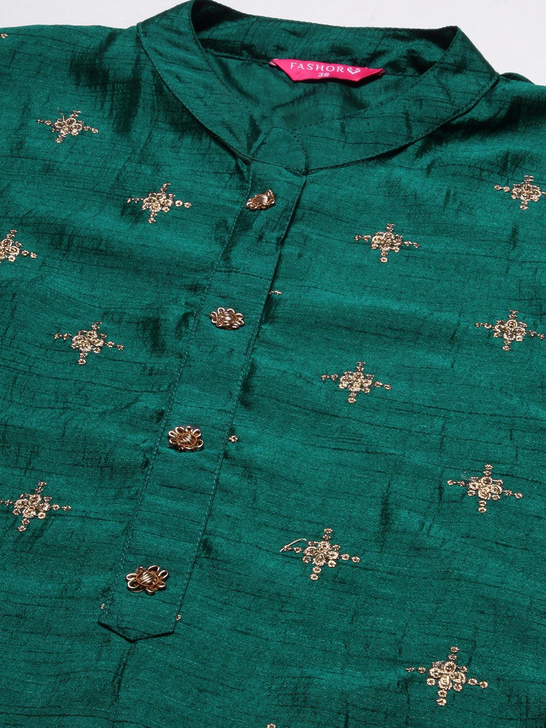 Solid Zari & Sequins Embroidered Kurta - Green - Indiakreations