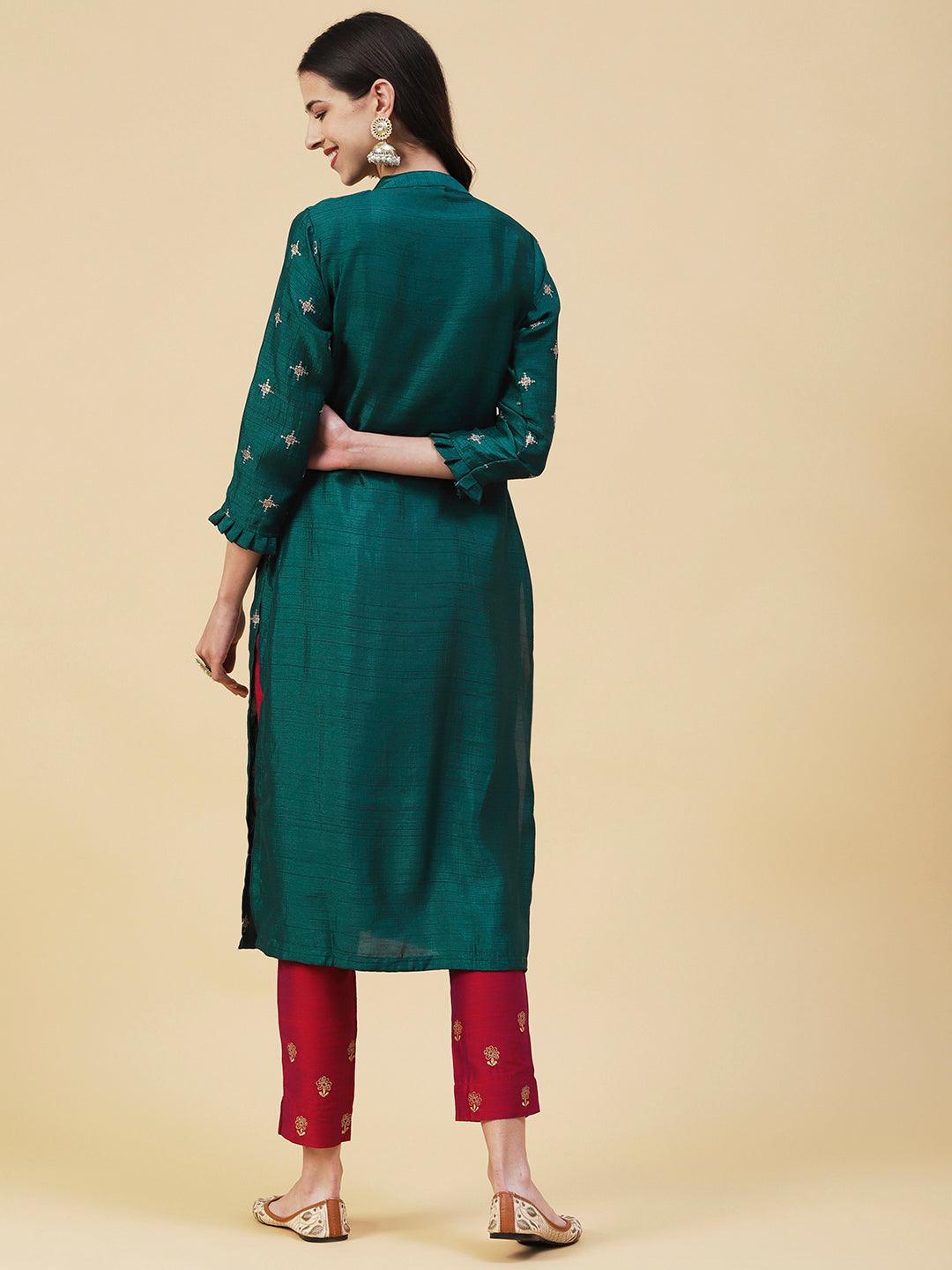 Solid Zari & Sequins Embroidered Kurta - Green - Indiakreations