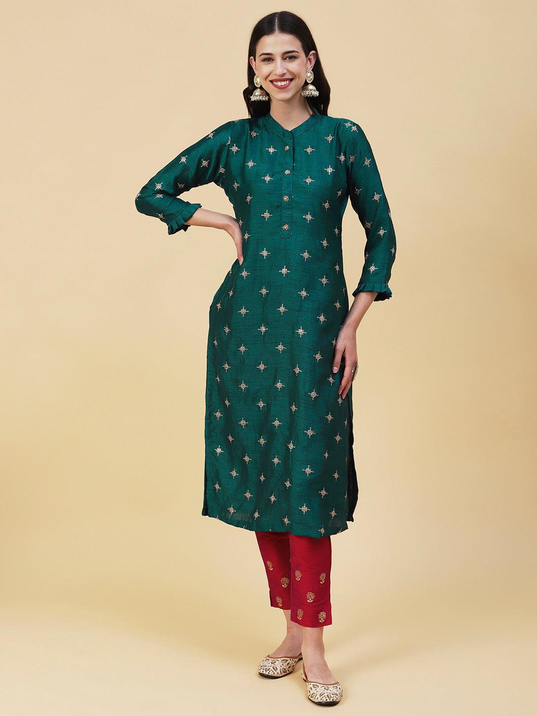 Solid Zari & Sequins Embroidered Kurta - Green - Indiakreations