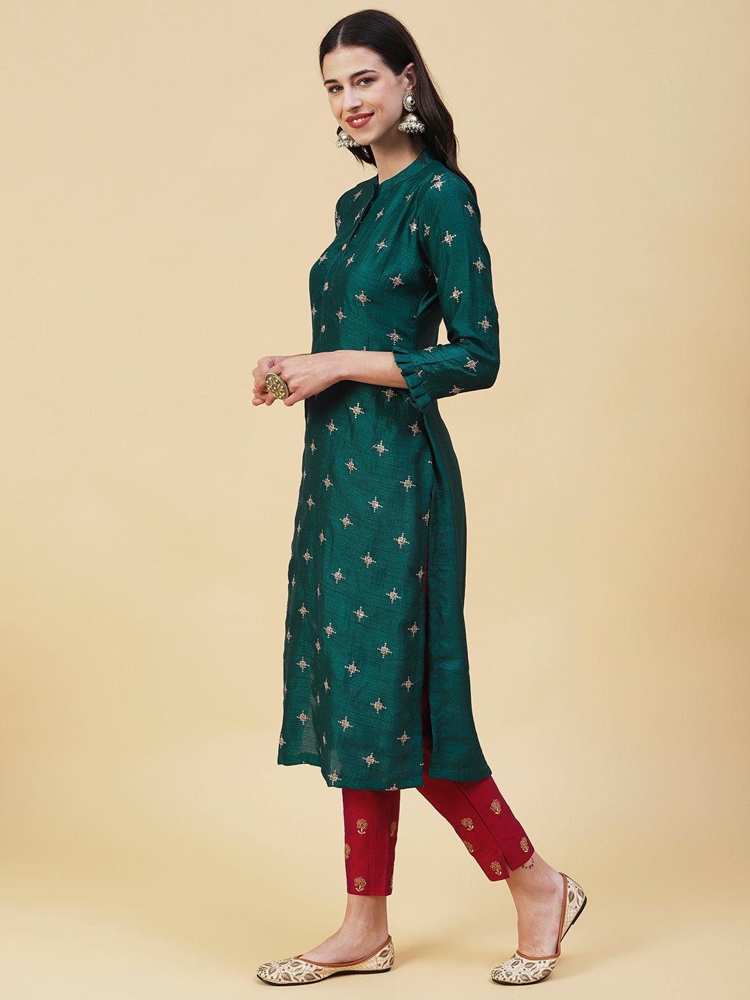 Solid Zari & Sequins Embroidered Kurta - Green - Indiakreations