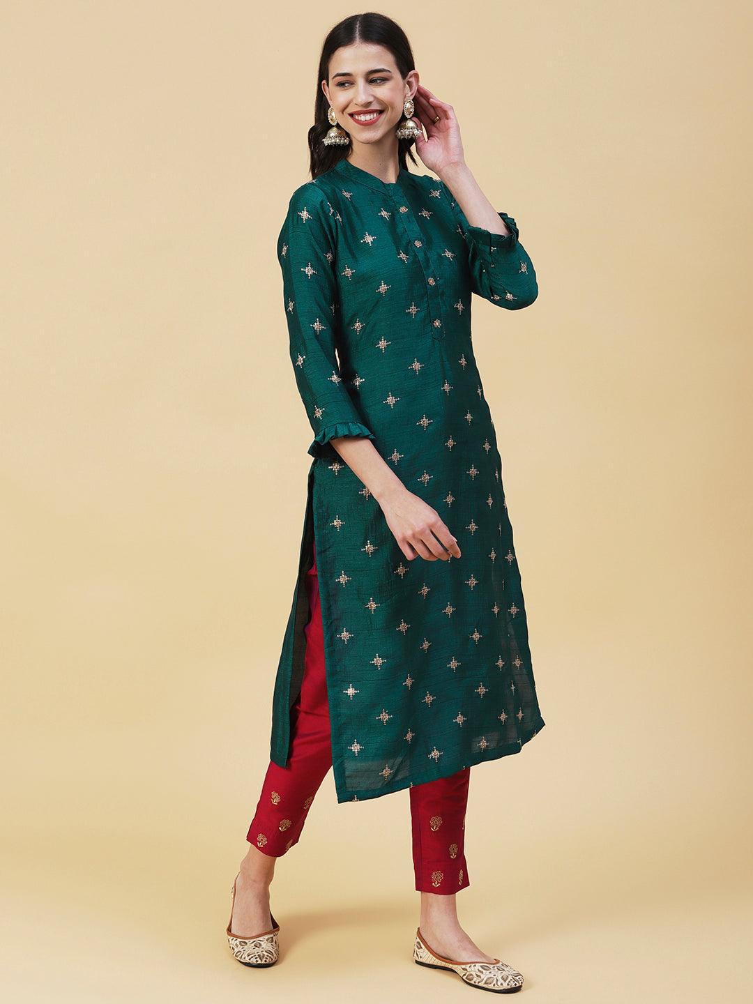 Solid Zari & Sequins Embroidered Kurta - Green - Indiakreations