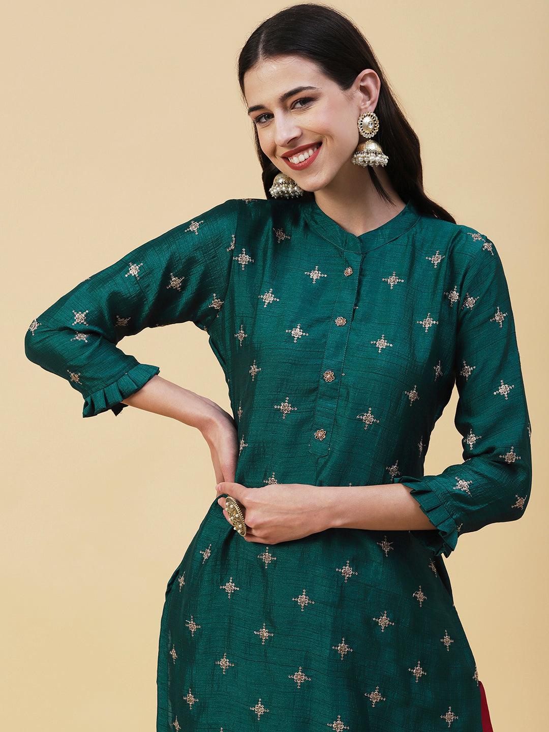 Solid Zari & Sequins Embroidered Kurta - Green - Indiakreations