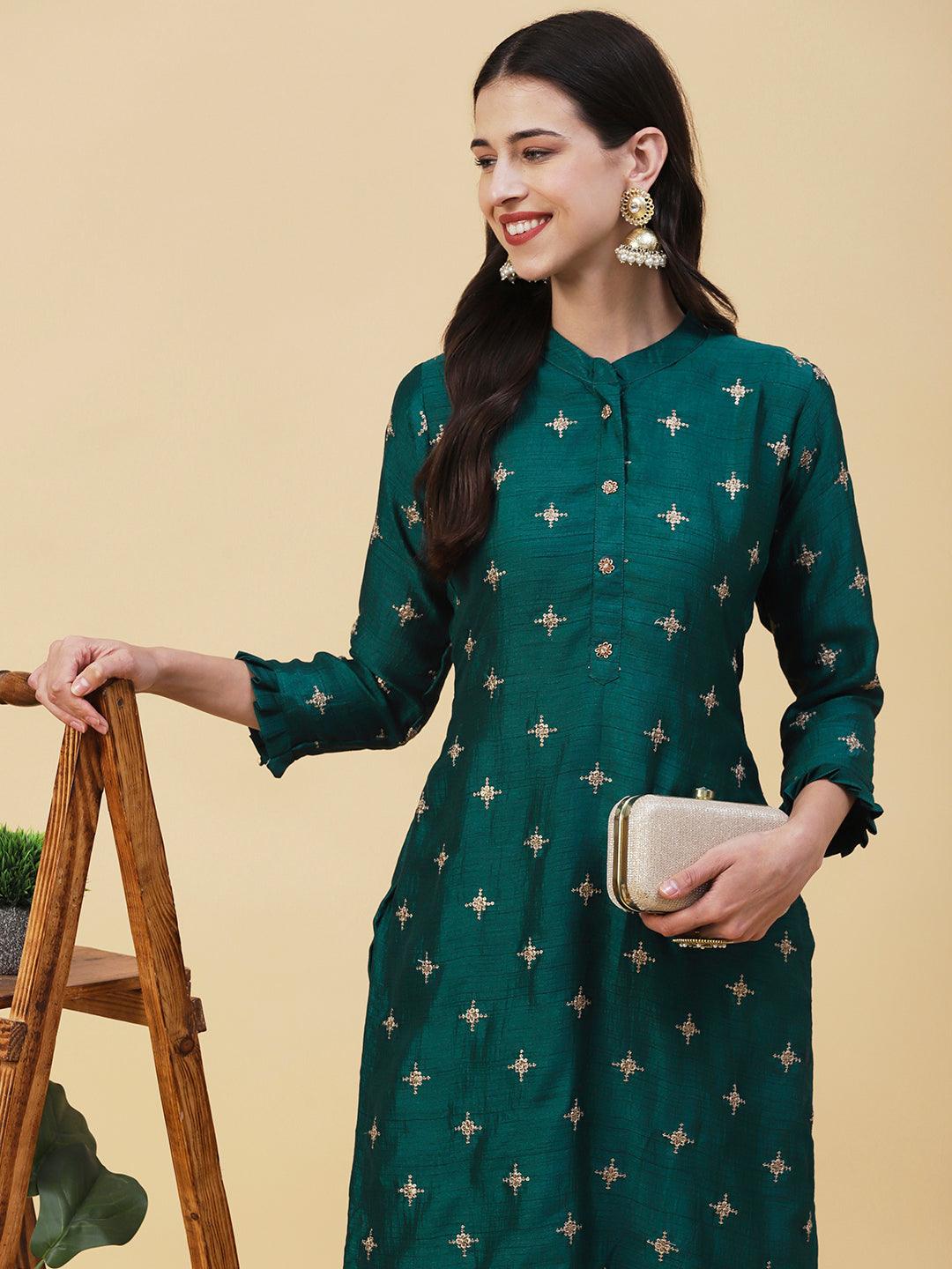 Solid Zari & Sequins Embroidered Kurta - Green - Indiakreations