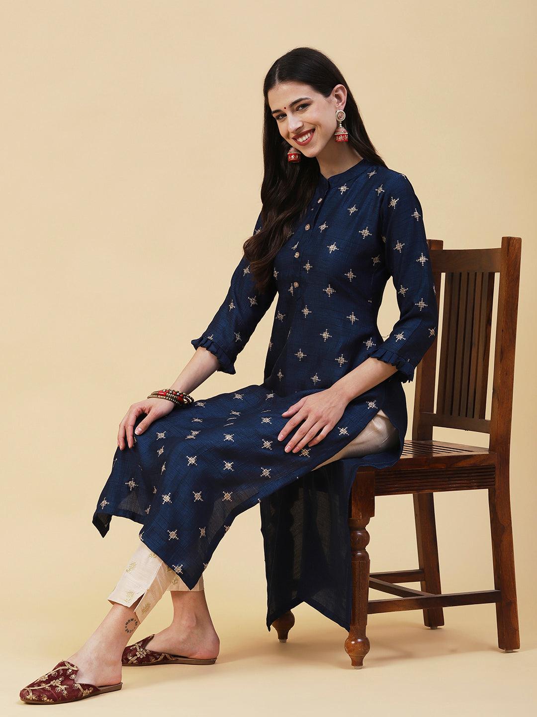 Solid Zari & Sequins Embroidered Kurta - Blue - Indiakreations