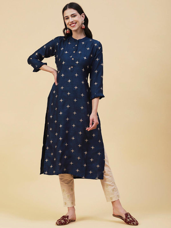 Solid Zari & Sequins Embroidered Kurta - Blue - Indiakreations