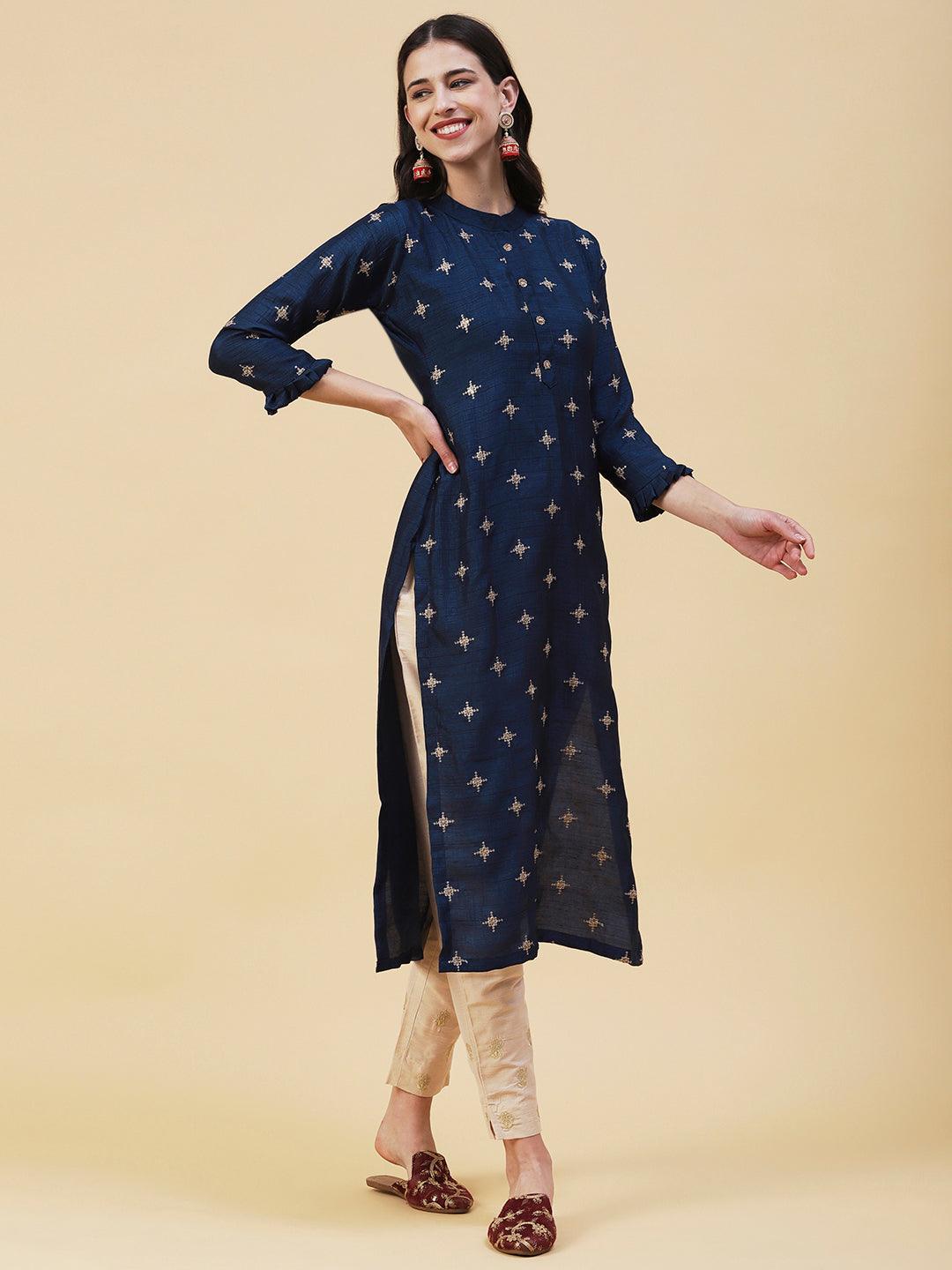 Solid Zari & Sequins Embroidered Kurta - Blue - Indiakreations