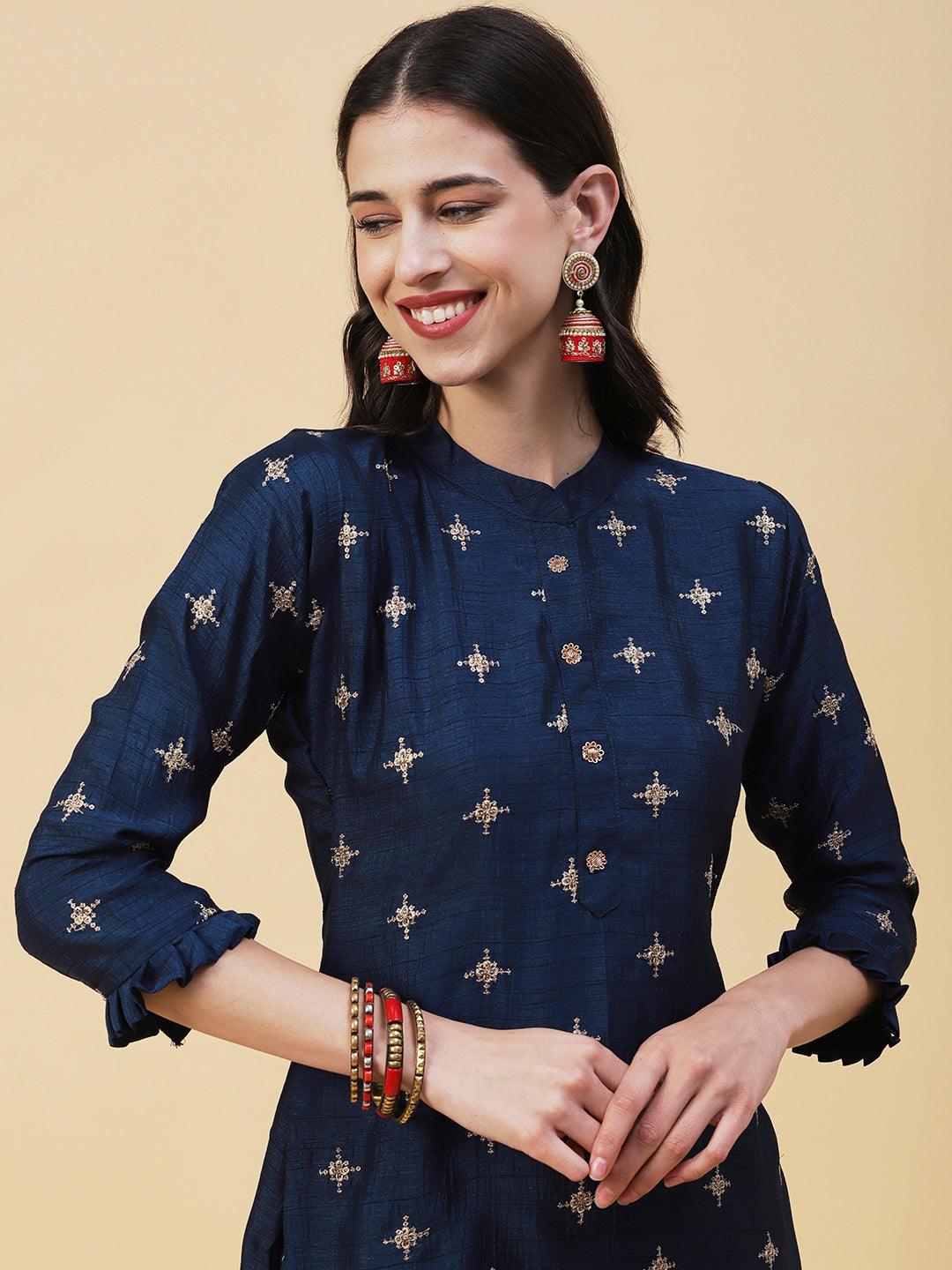 Solid Zari & Sequins Embroidered Kurta - Blue - Indiakreations