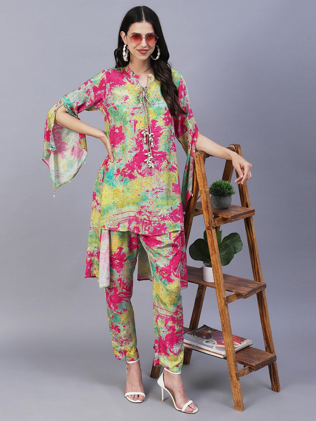 Abstract Printed Asymmetric Co-ord Set - Multi - Indiakreations