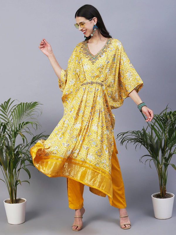 Ethnic Animal Printed Hand Embroidered Zari Kaftan With Pants - Yellow - Indiakreations