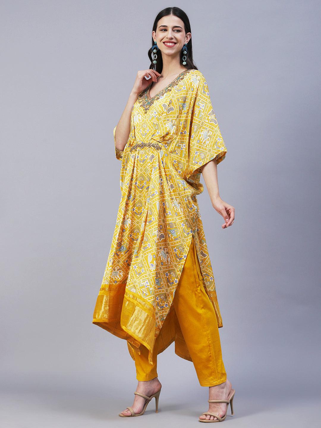 Ethnic Animal Printed Hand Embroidered Zari Kaftan With Pants - Yellow - Indiakreations