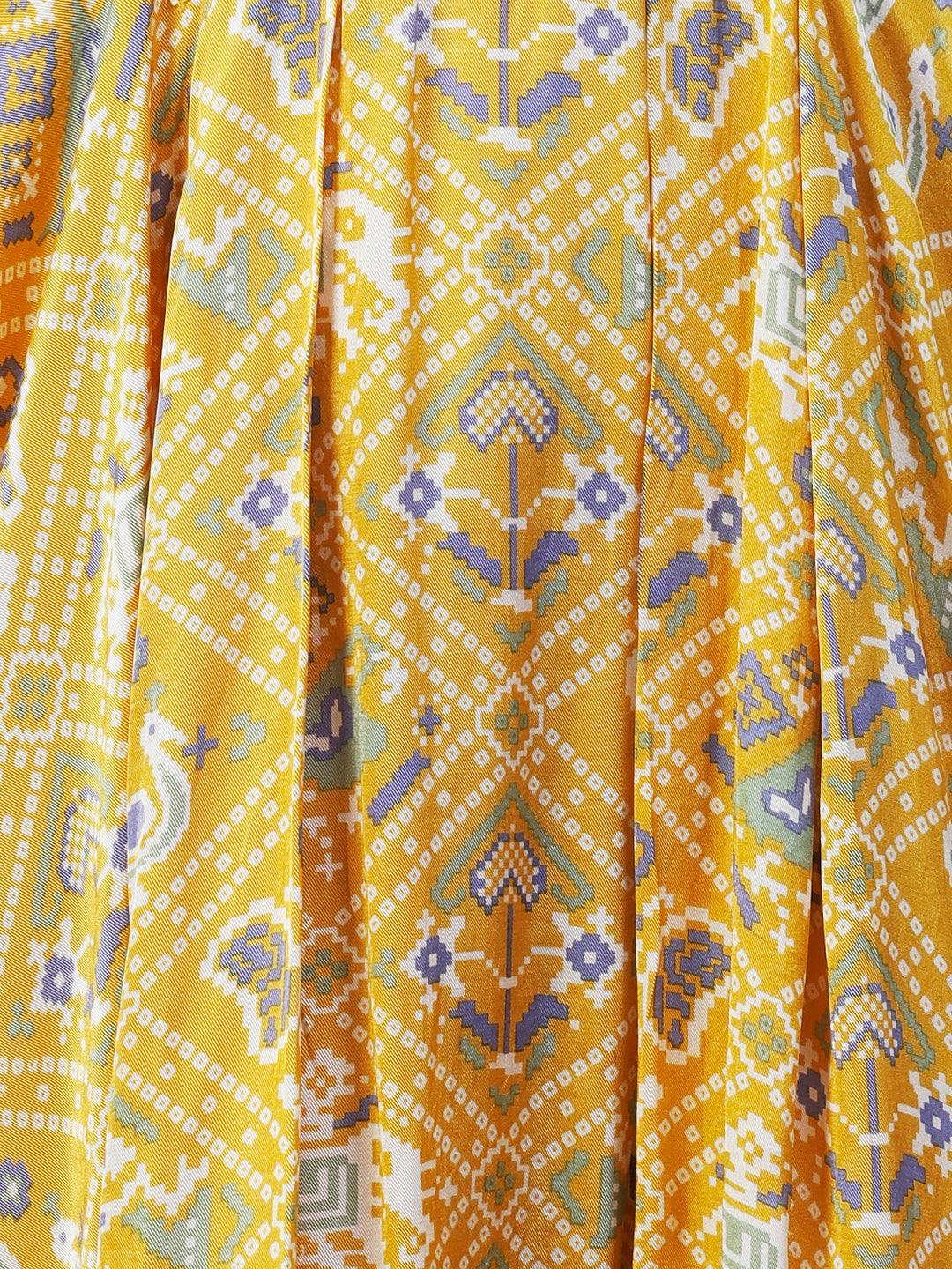 Ethnic Animal Printed Hand Embroidered Zari Kaftan With Pants - Yellow - Indiakreations