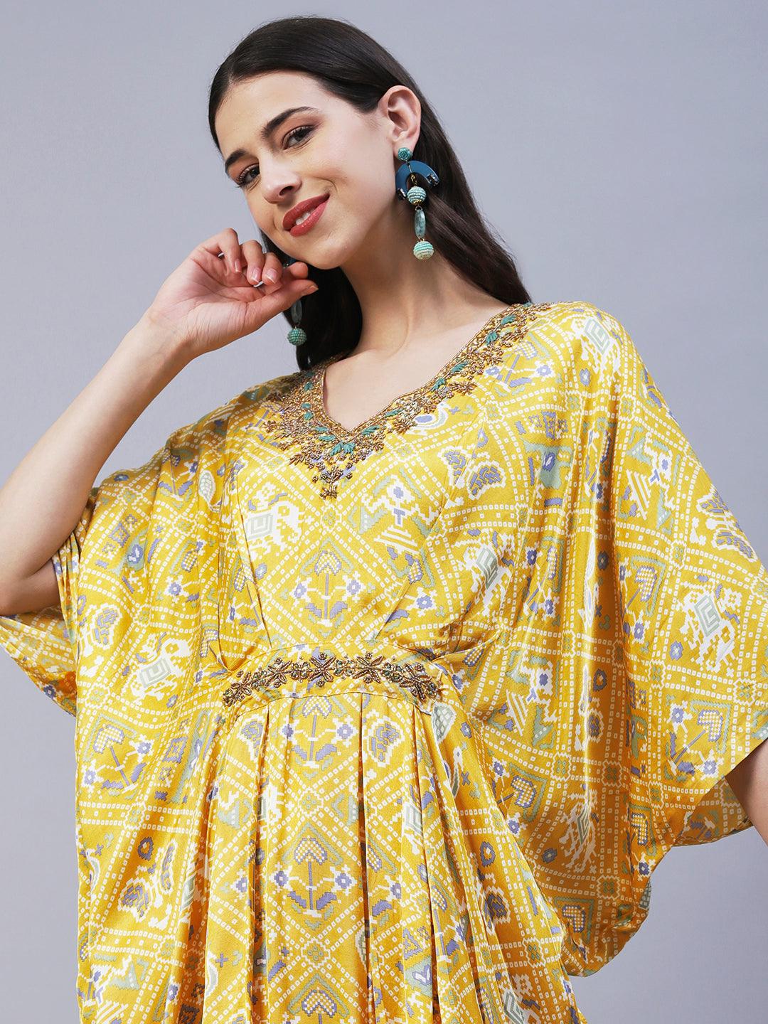 Ethnic Animal Printed Hand Embroidered Zari Kaftan With Pants - Yellow - Indiakreations