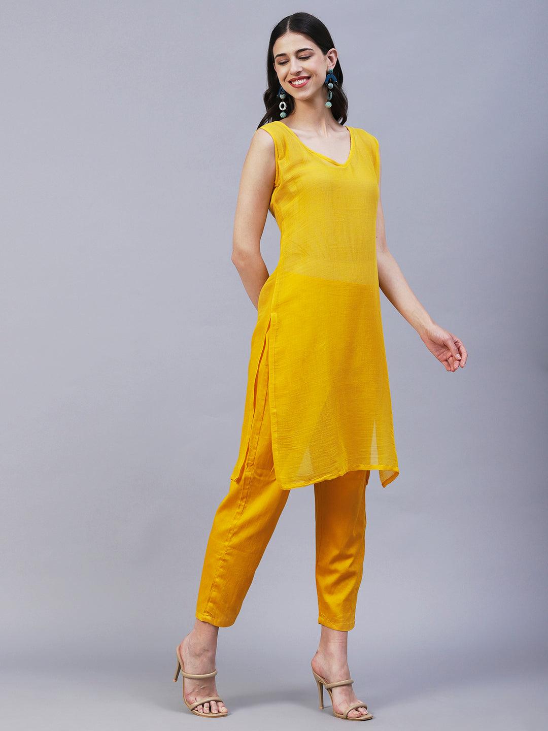 Ethnic Animal Printed Hand Embroidered Zari Kaftan With Pants - Yellow - Indiakreations