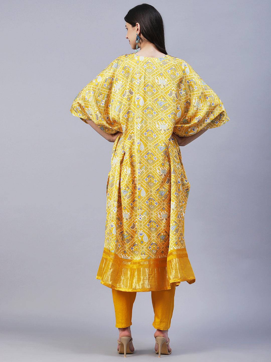 Ethnic Animal Printed Hand Embroidered Zari Kaftan With Pants - Yellow - Indiakreations