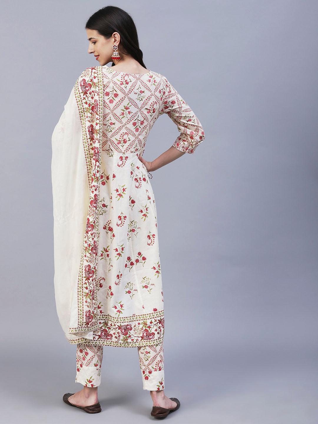 Floral Printed Resham Embroidered Anarkali Kurta With Pants & Dupatta - Off White & Pink - Indiakreations