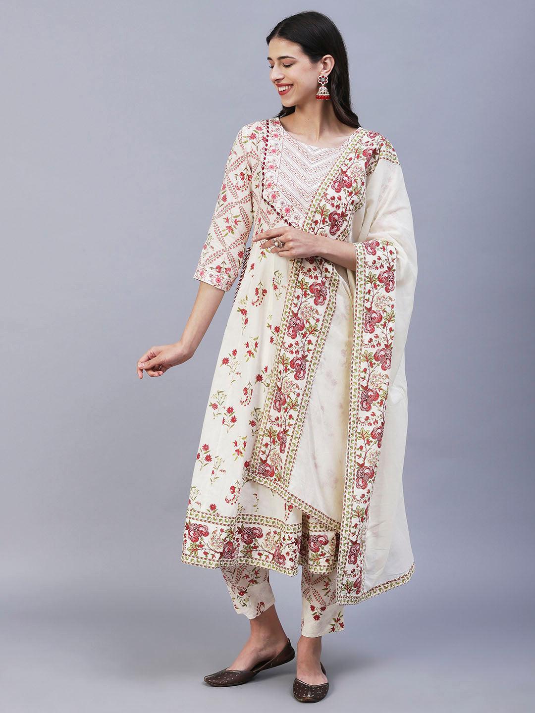 Floral Printed Resham Embroidered Anarkali Kurta With Pants & Dupatta - Off White & Pink - Indiakreations