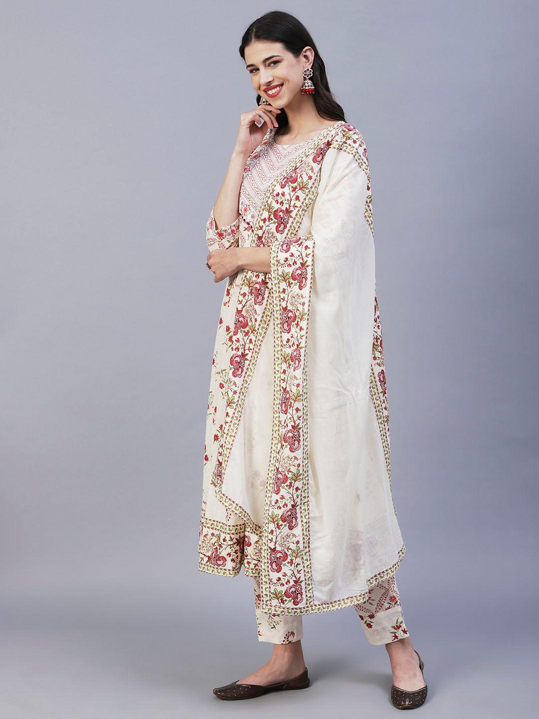 Floral Printed Resham Embroidered Anarkali Kurta With Pants & Dupatta - Off White & Pink - Indiakreations