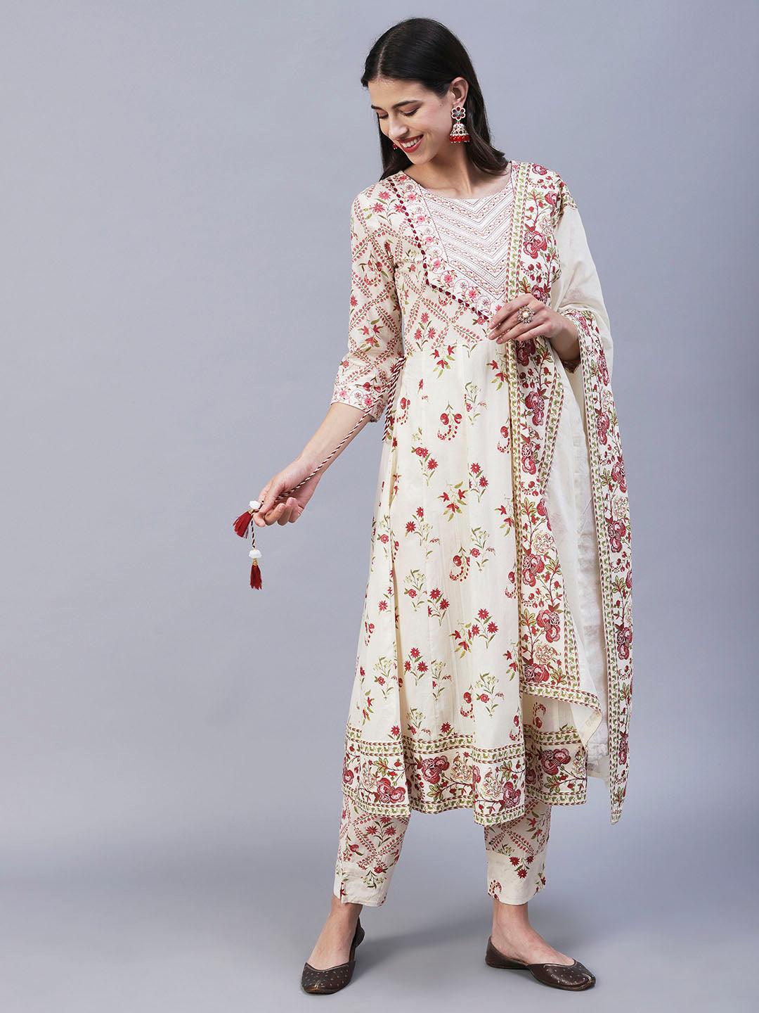 Floral Printed Resham Embroidered Anarkali Kurta With Pants & Dupatta - Off White & Pink - Indiakreations