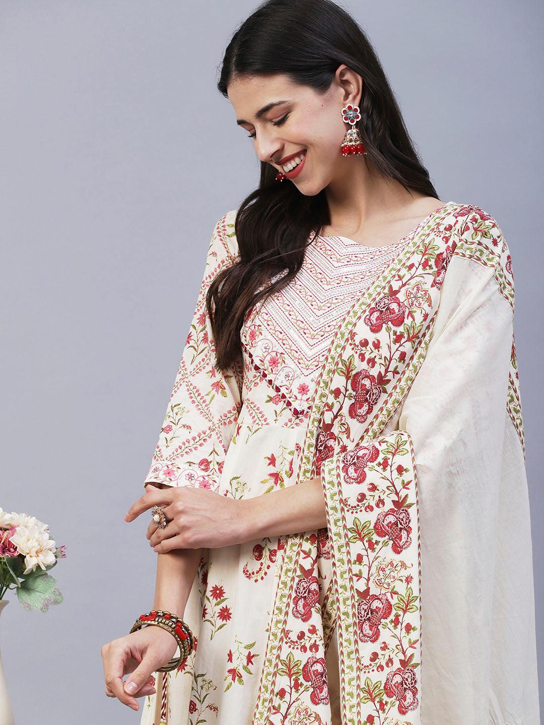 Floral Printed Resham Embroidered Anarkali Kurta With Pants & Dupatta - Off White & Pink - Indiakreations