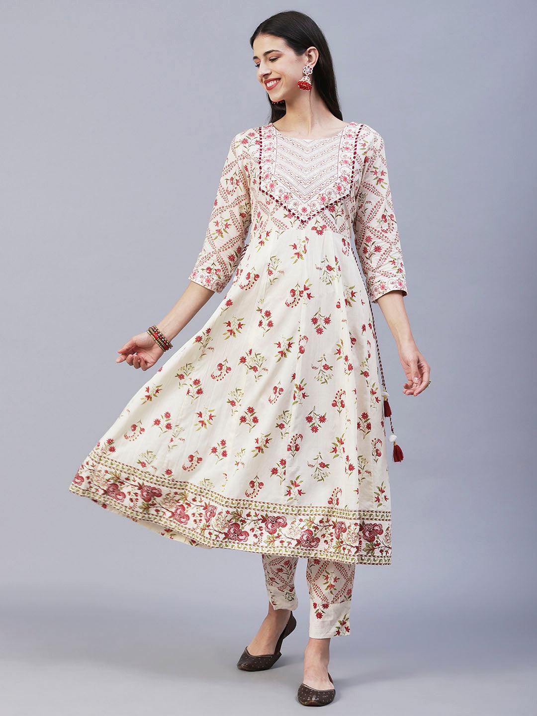 Floral Printed Resham Embroidered Anarkali Kurta With Pants & Dupatta - Off White & Pink - Indiakreations