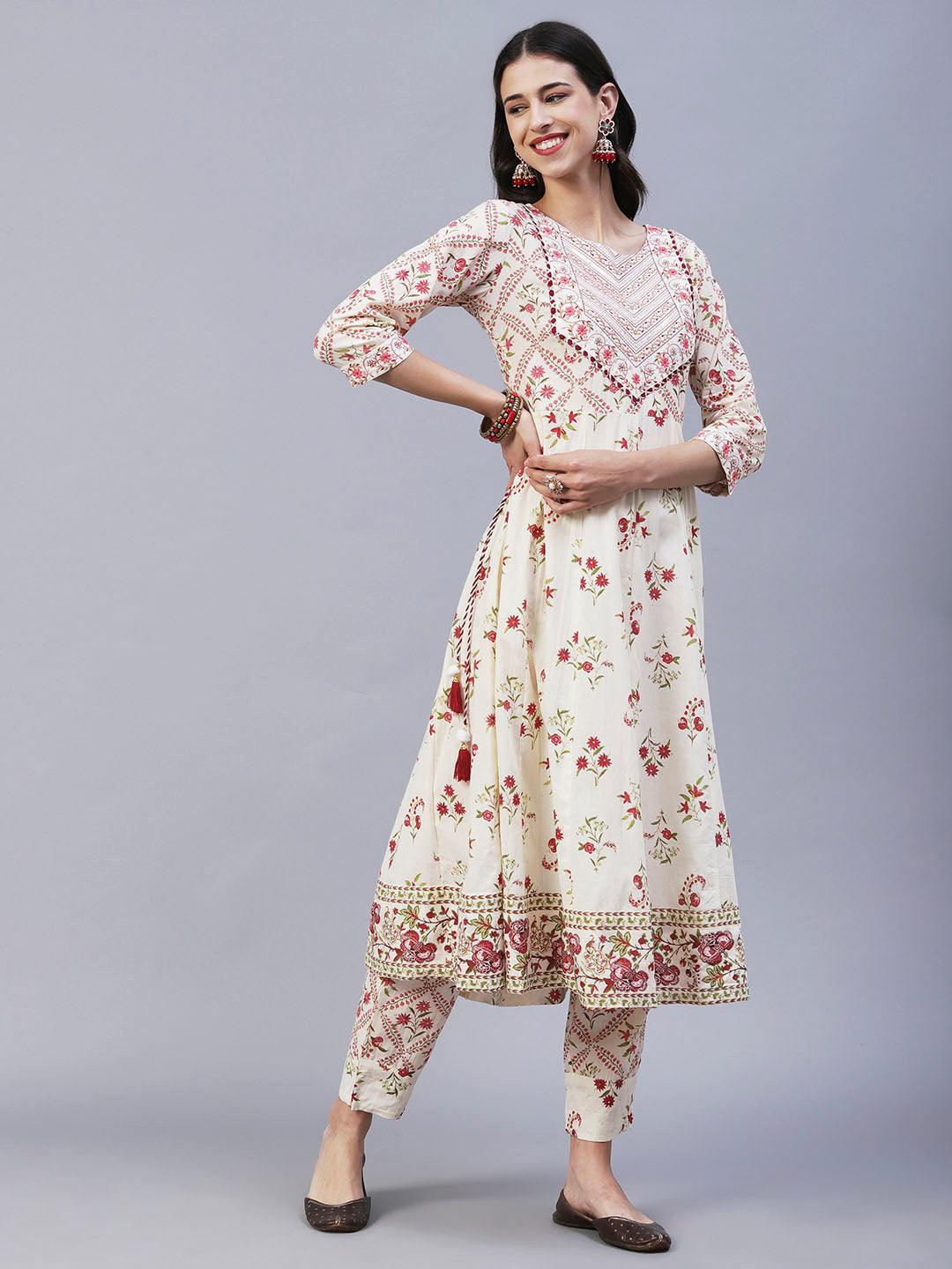 Floral Printed Resham Embroidered Anarkali Kurta With Pants & Dupatta - Off White & Pink - Indiakreations