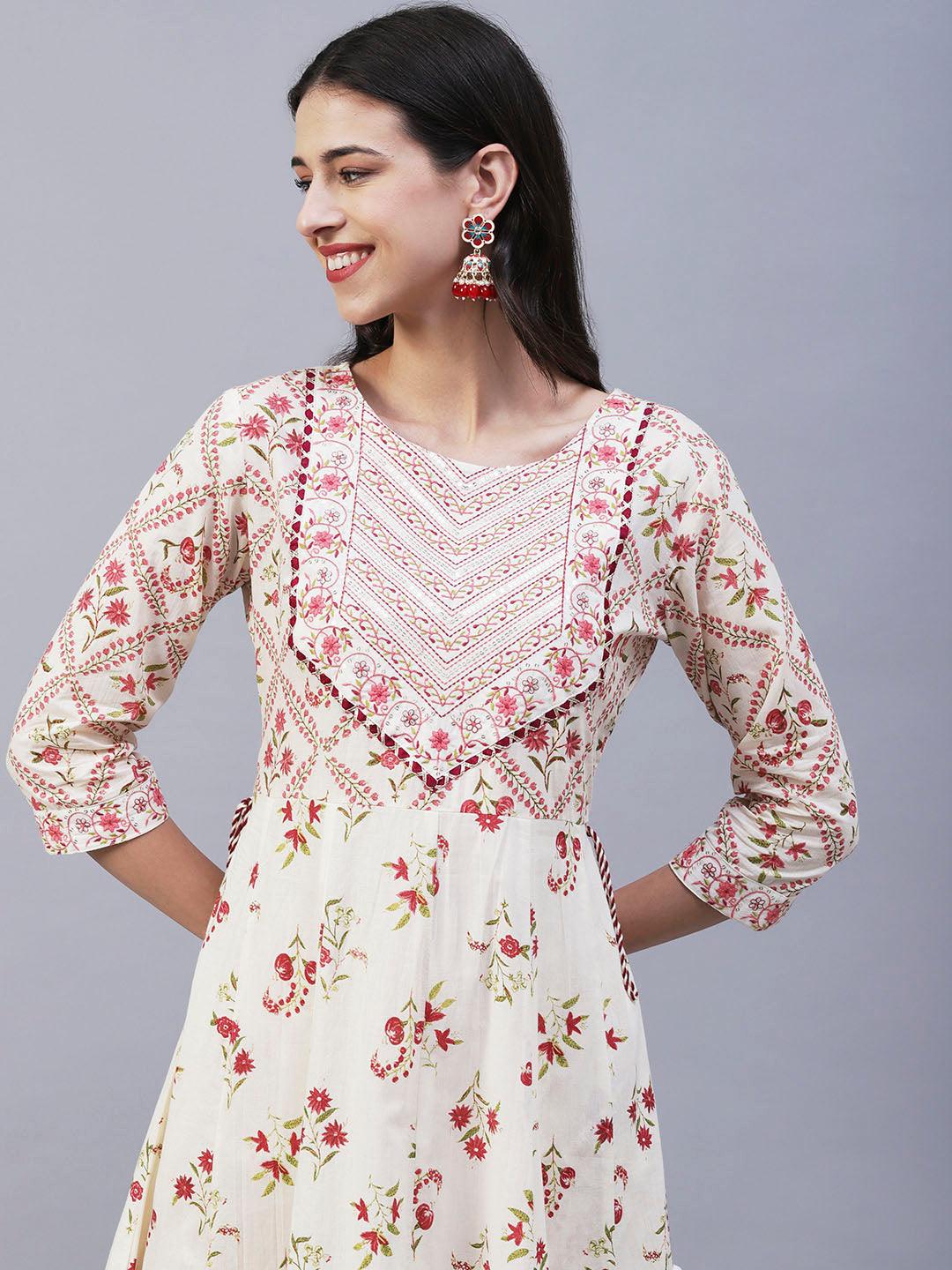 Floral Printed Resham Embroidered Anarkali Kurta With Pants & Dupatta - Off White & Pink - Indiakreations