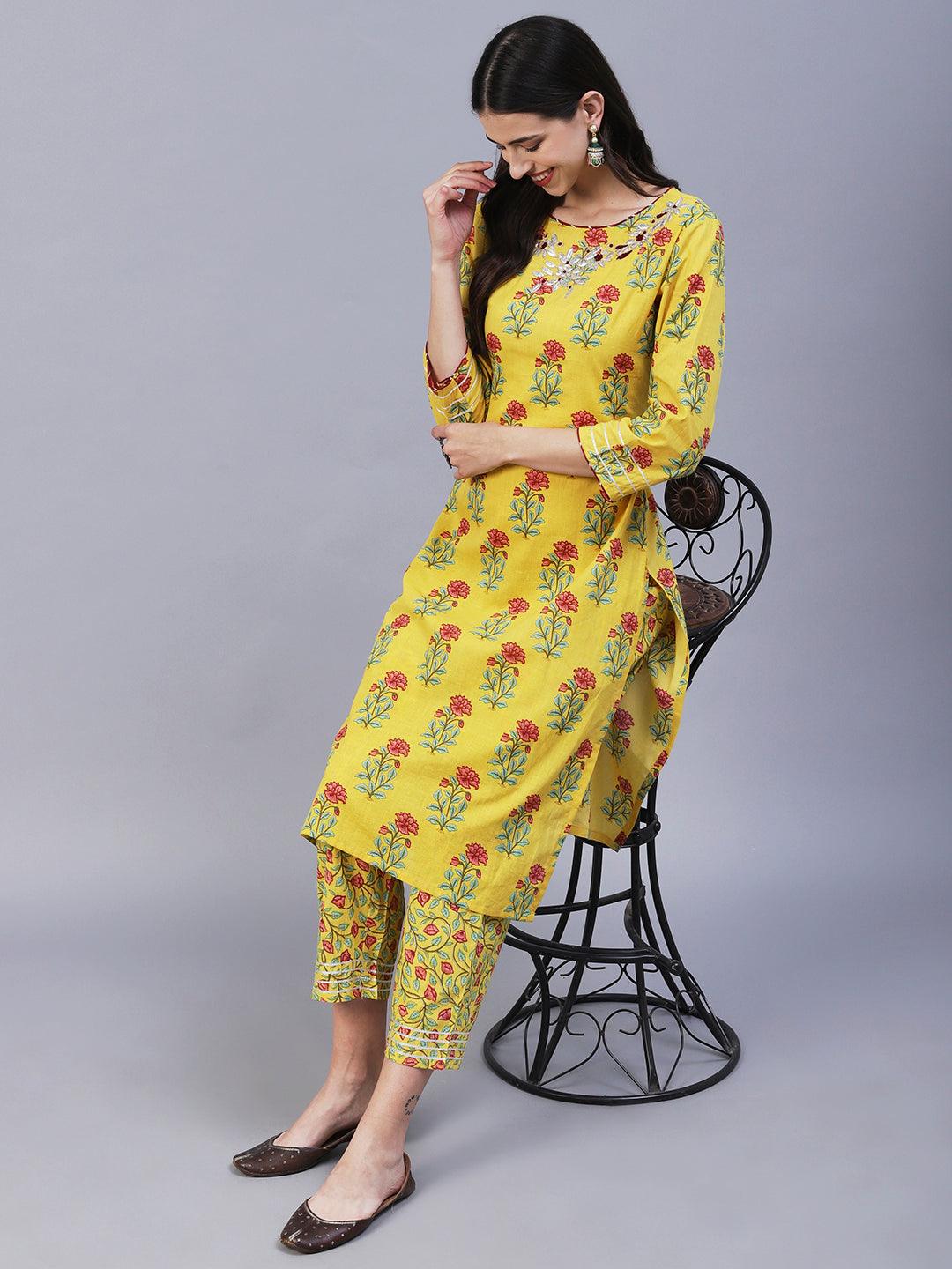 Ethnic Floral Printed & Gota Embroidered Straight Kurta with Pant - Yellow - Indiakreations