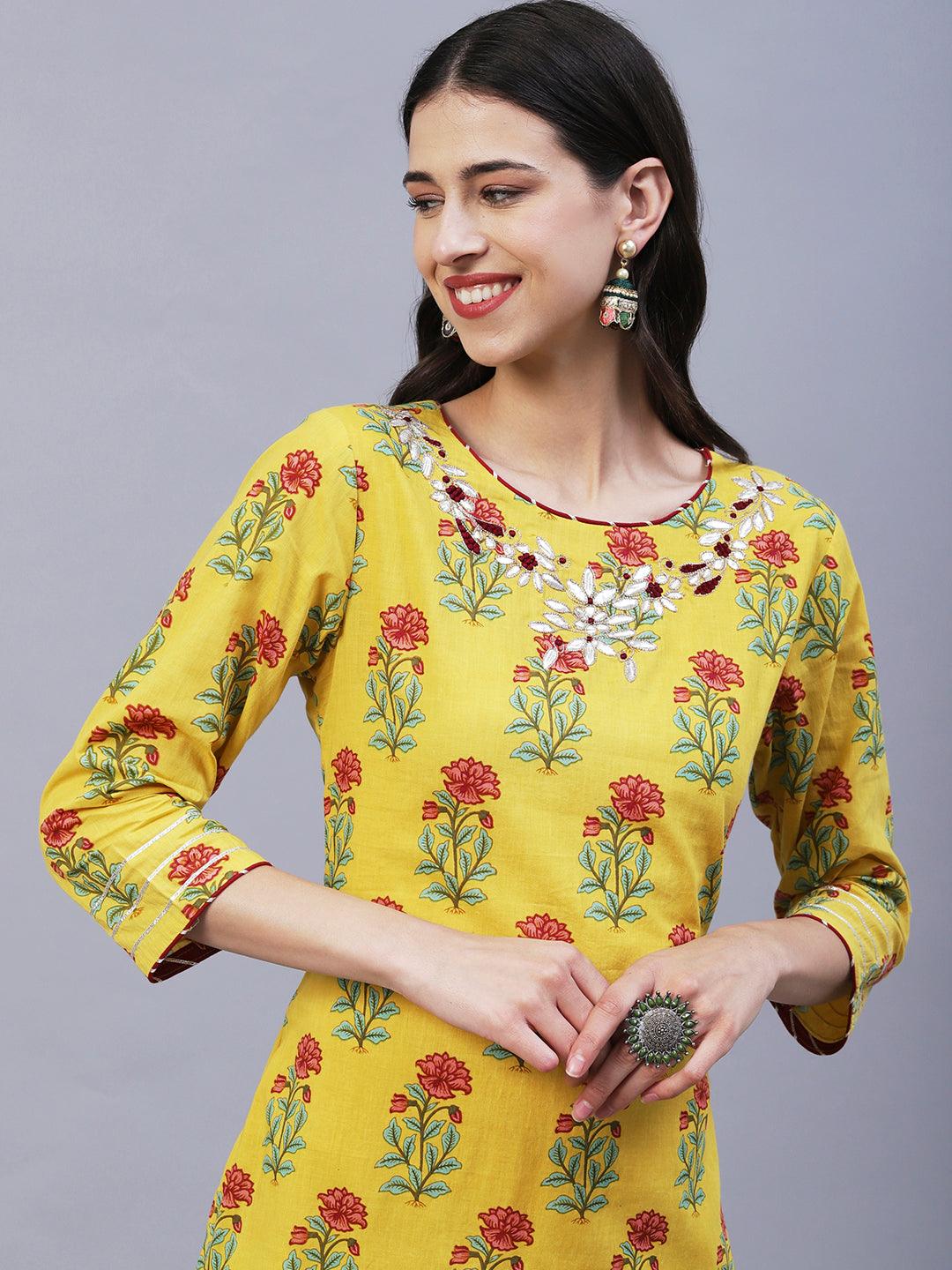 Ethnic Floral Printed & Gota Embroidered Straight Kurta with Pant - Yellow - Indiakreations