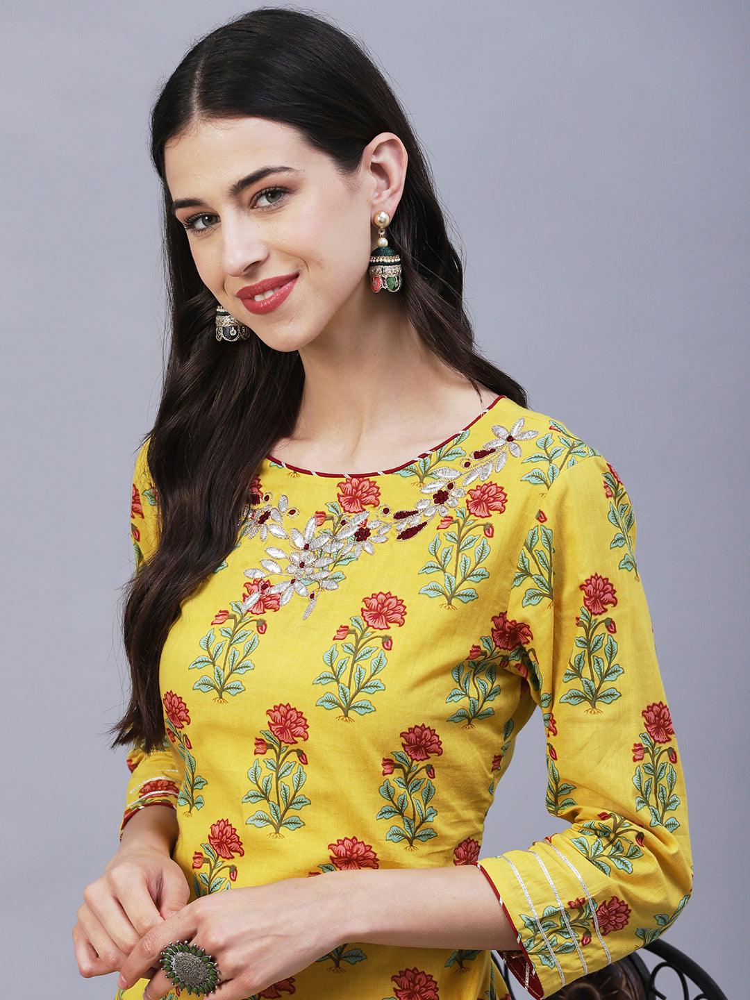 Ethnic Floral Printed & Gota Embroidered Straight Kurta with Pant - Yellow - Indiakreations