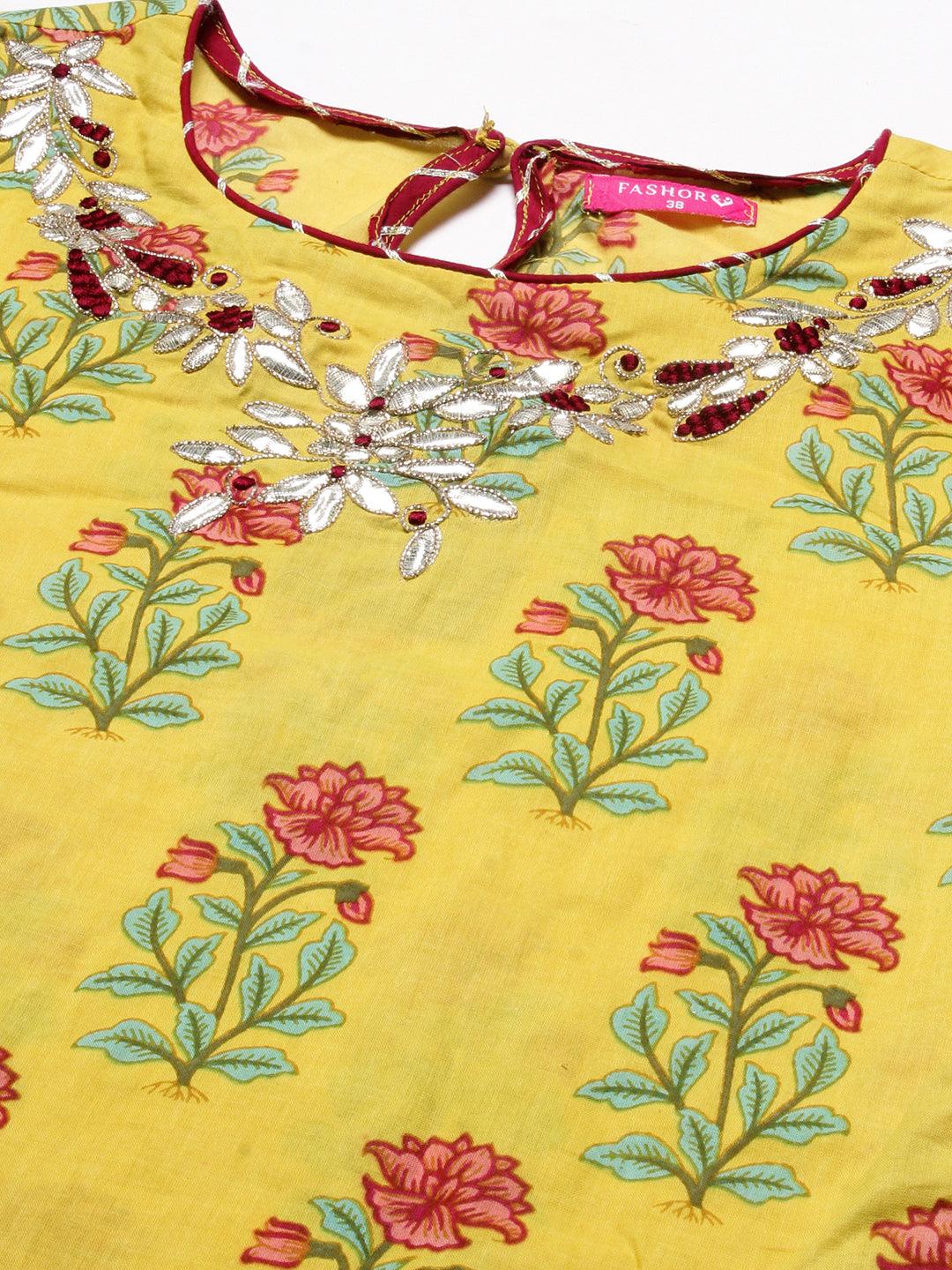 Ethnic Floral Printed & Gota Embroidered Straight Kurta with Pant - Yellow - Indiakreations