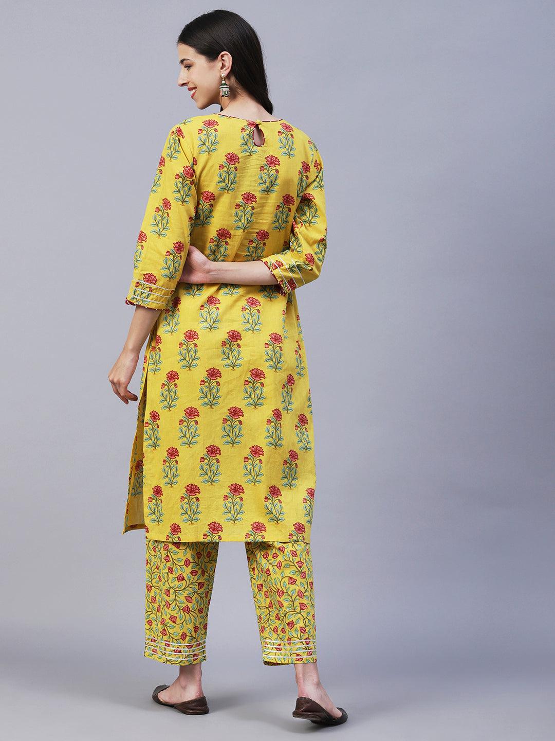 Ethnic Floral Printed & Gota Embroidered Straight Kurta with Pant - Yellow - Indiakreations