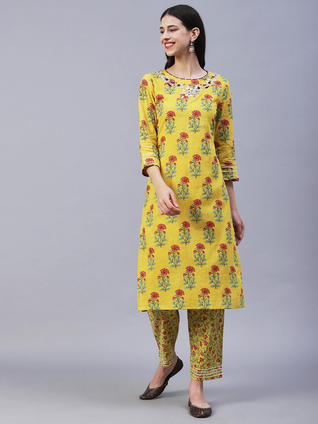 Ethnic Floral Printed & Gota Embroidered Straight Kurta with Pant - Yellow - Indiakreations