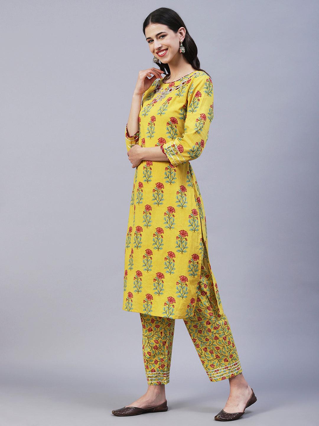 Ethnic Floral Printed & Gota Embroidered Straight Kurta with Pant - Yellow - Indiakreations