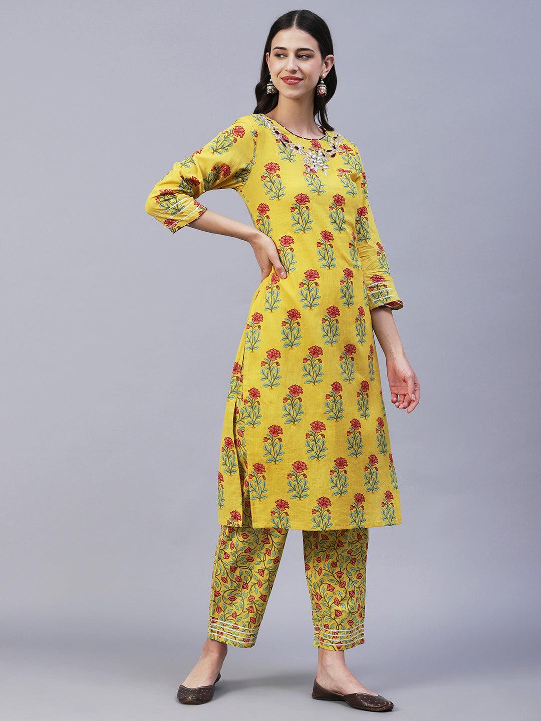 Ethnic Floral Printed & Gota Embroidered Straight Kurta with Pant - Yellow - Indiakreations