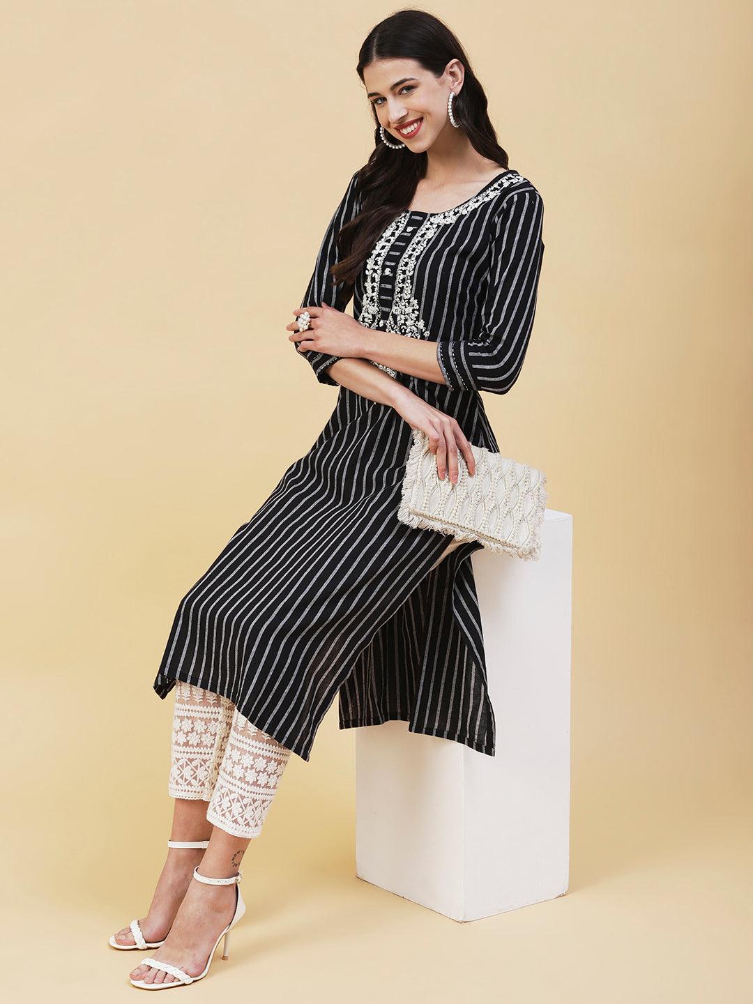 Woven Striped Resham & Sequins Embroidered Kurta - Black - Indiakreations