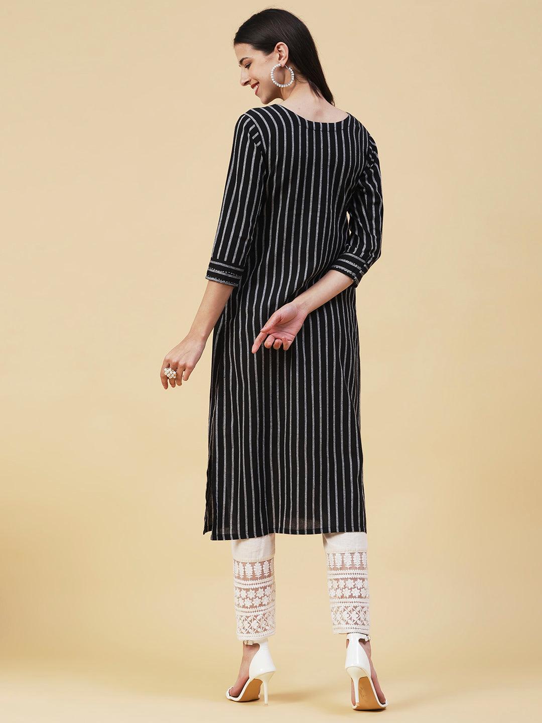 Woven Striped Resham & Sequins Embroidered Kurta - Black - Indiakreations