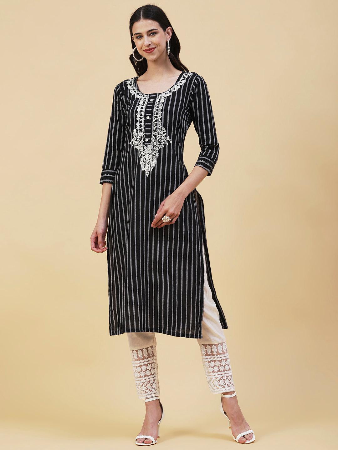 Woven Striped Resham & Sequins Embroidered Kurta - Black - Indiakreations