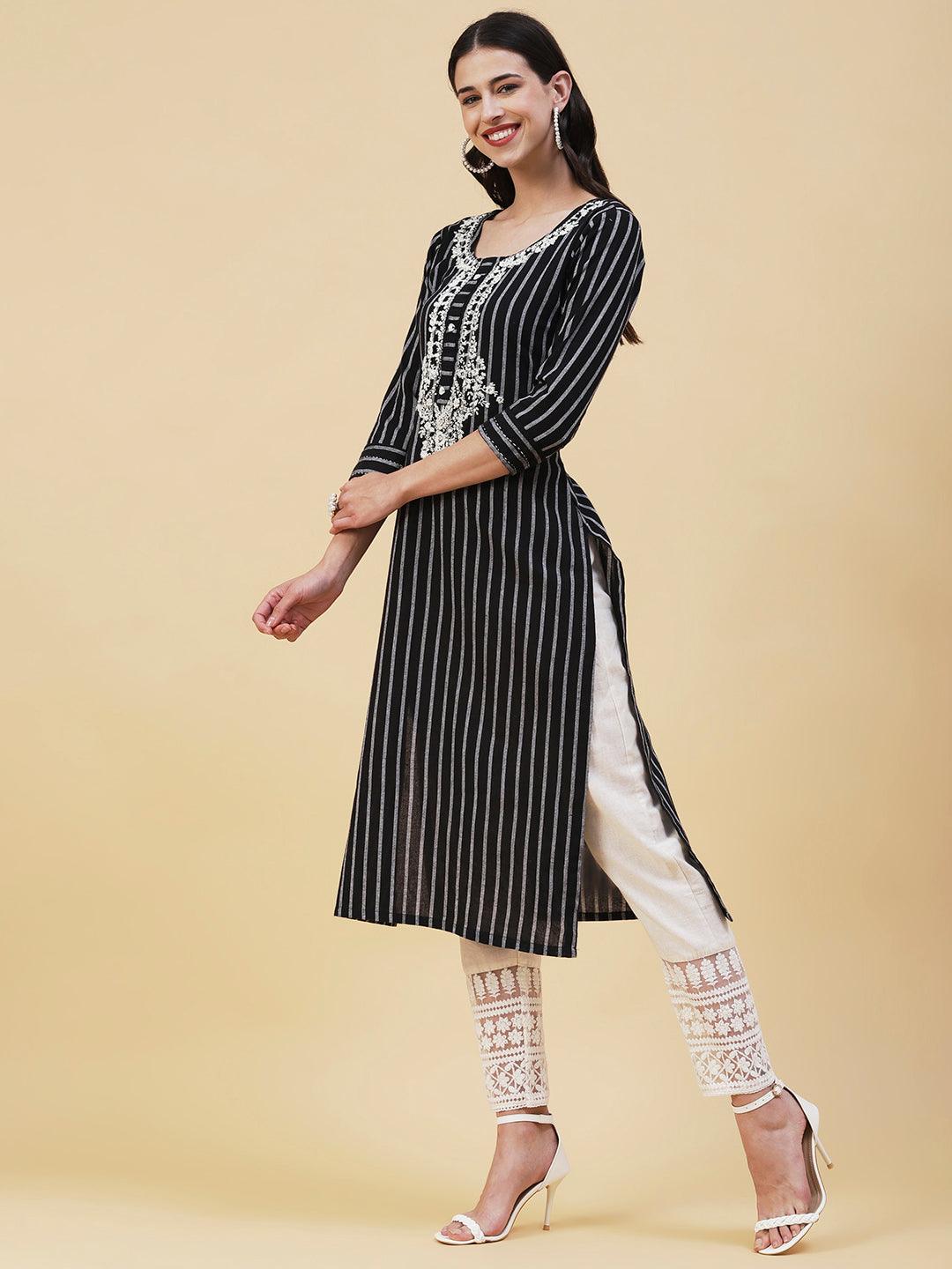 Woven Striped Resham & Sequins Embroidered Kurta - Black - Indiakreations