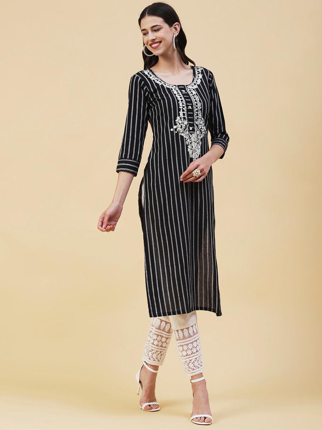 Woven Striped Resham & Sequins Embroidered Kurta - Black - Indiakreations