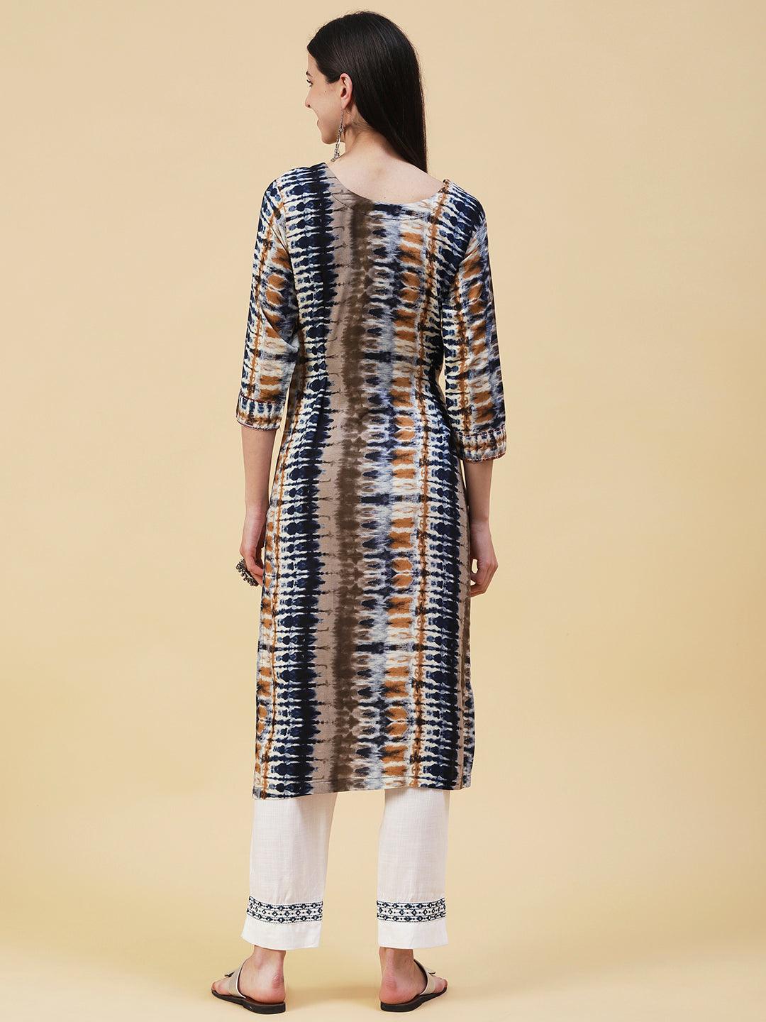 Abstract Printed Mirror, Resham & Pearl Embroidered Kurta - Grey & Blue - Indiakreations