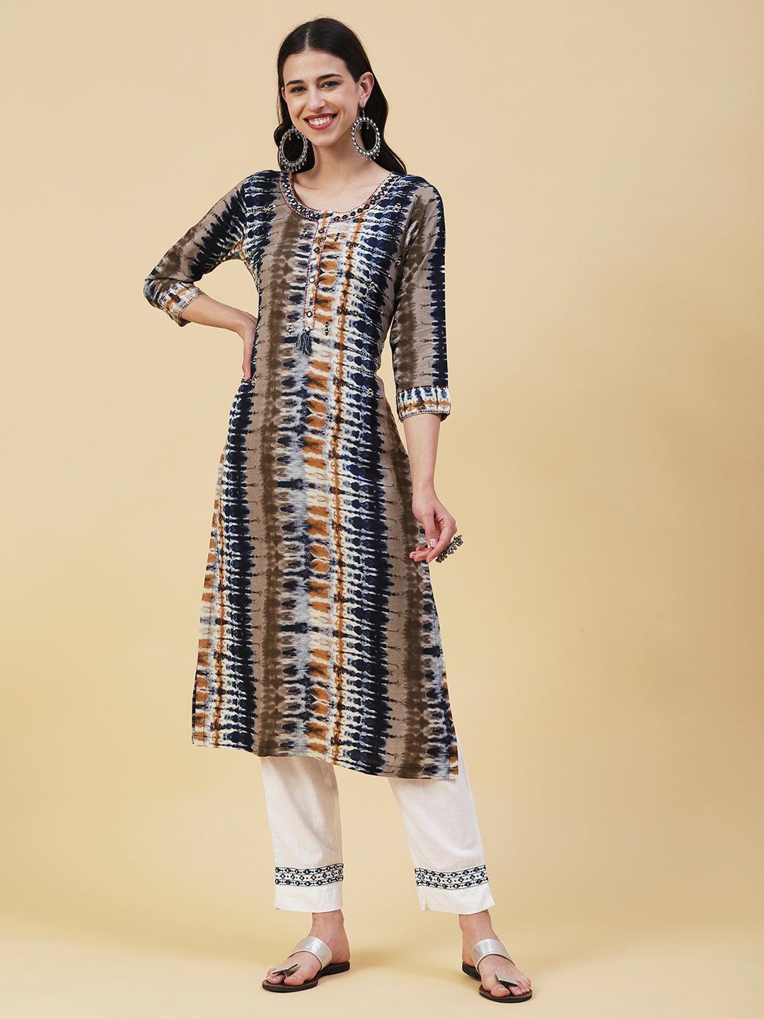 Abstract Printed Mirror, Resham & Pearl Embroidered Kurta - Grey & Blue - Indiakreations