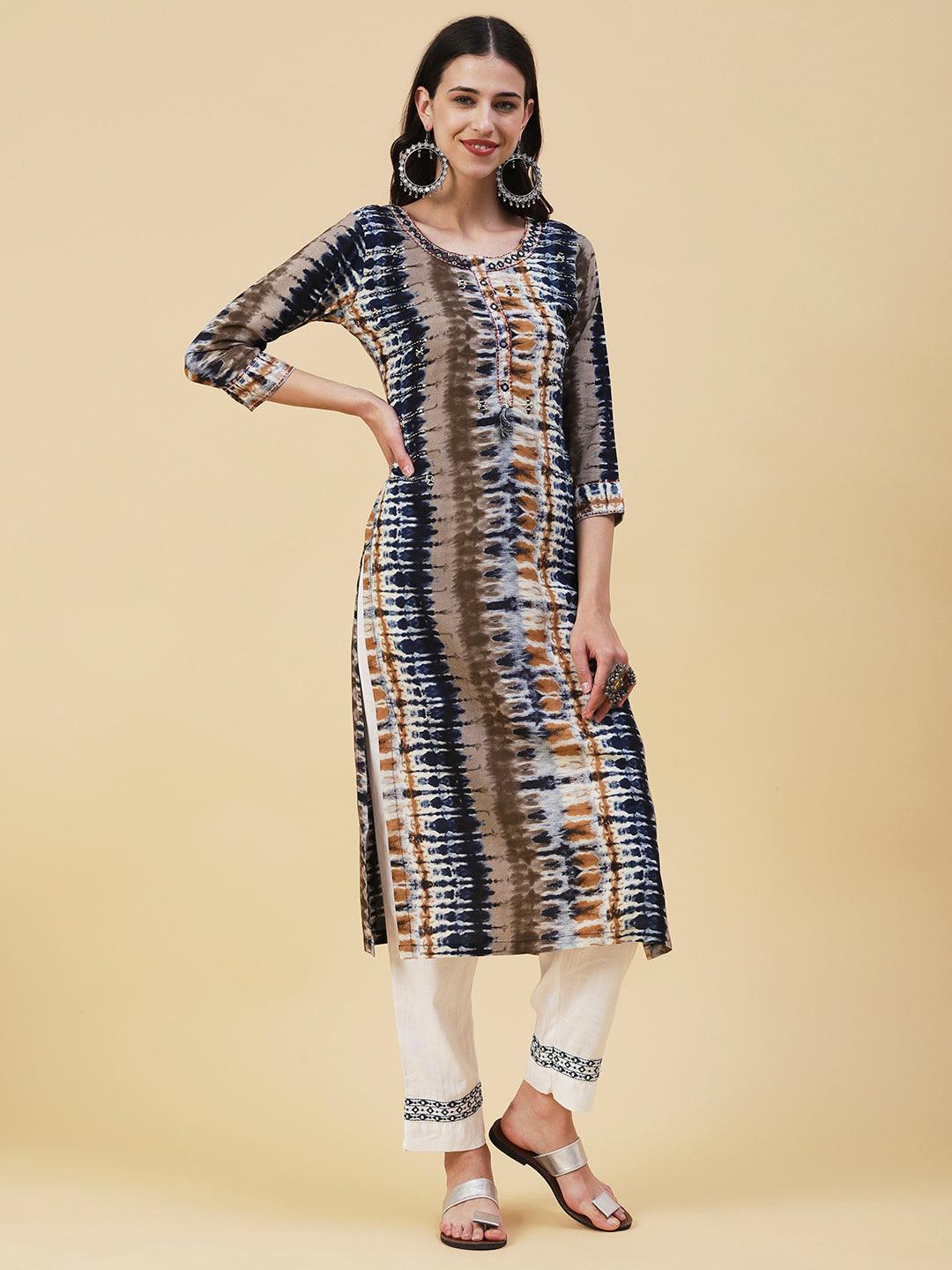 Abstract Printed Mirror, Resham & Pearl Embroidered Kurta - Grey & Blue - Indiakreations