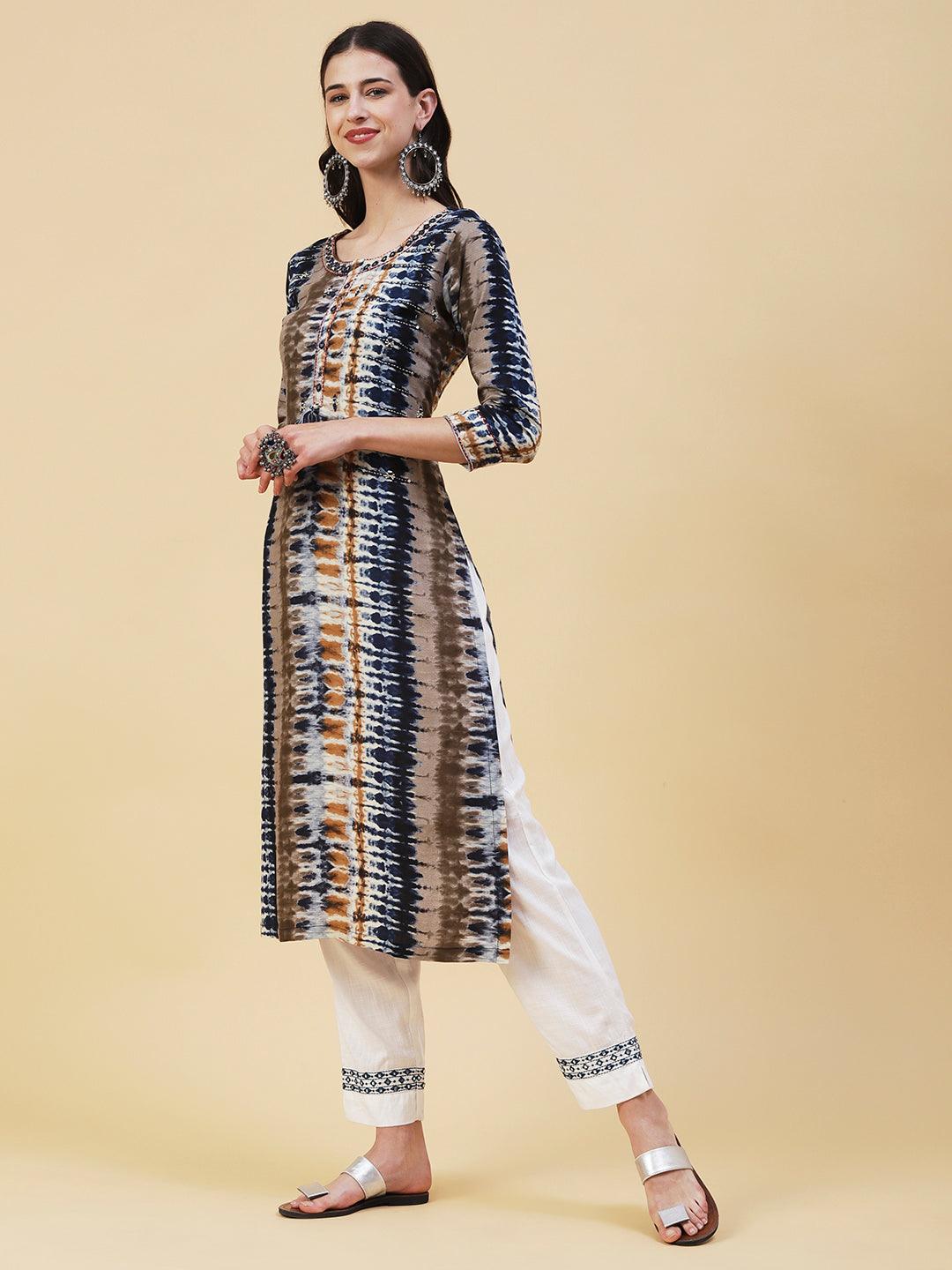 Abstract Printed Mirror, Resham & Pearl Embroidered Kurta - Grey & Blue - Indiakreations