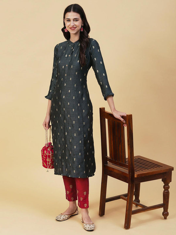 Solid Zari & Sequins Embroidered Floral Kurta - Charcoal - Indiakreations