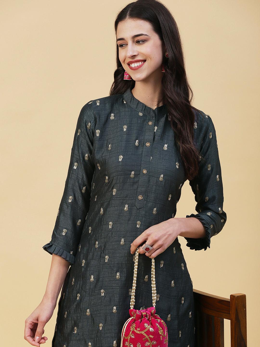 Solid Zari & Sequins Embroidered Floral Kurta - Charcoal - Indiakreations