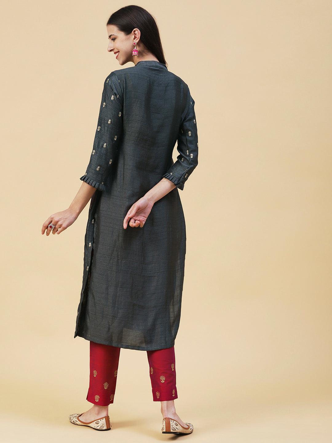 Solid Zari & Sequins Embroidered Floral Kurta - Charcoal - Indiakreations