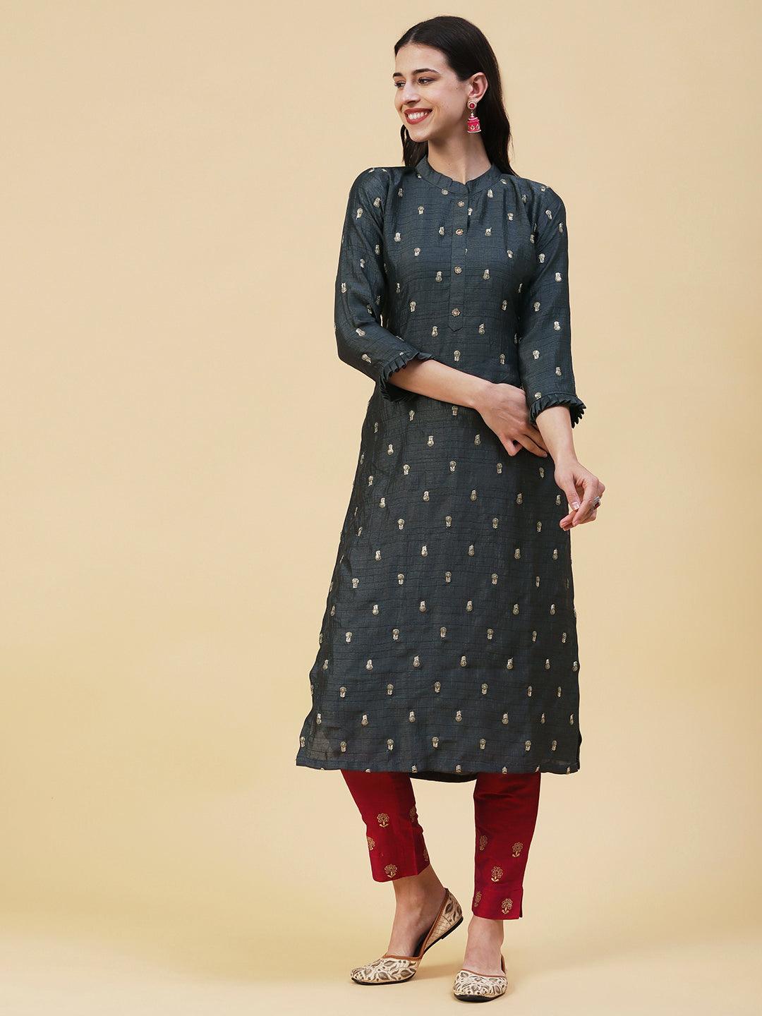 Solid Zari & Sequins Embroidered Floral Kurta - Charcoal - Indiakreations