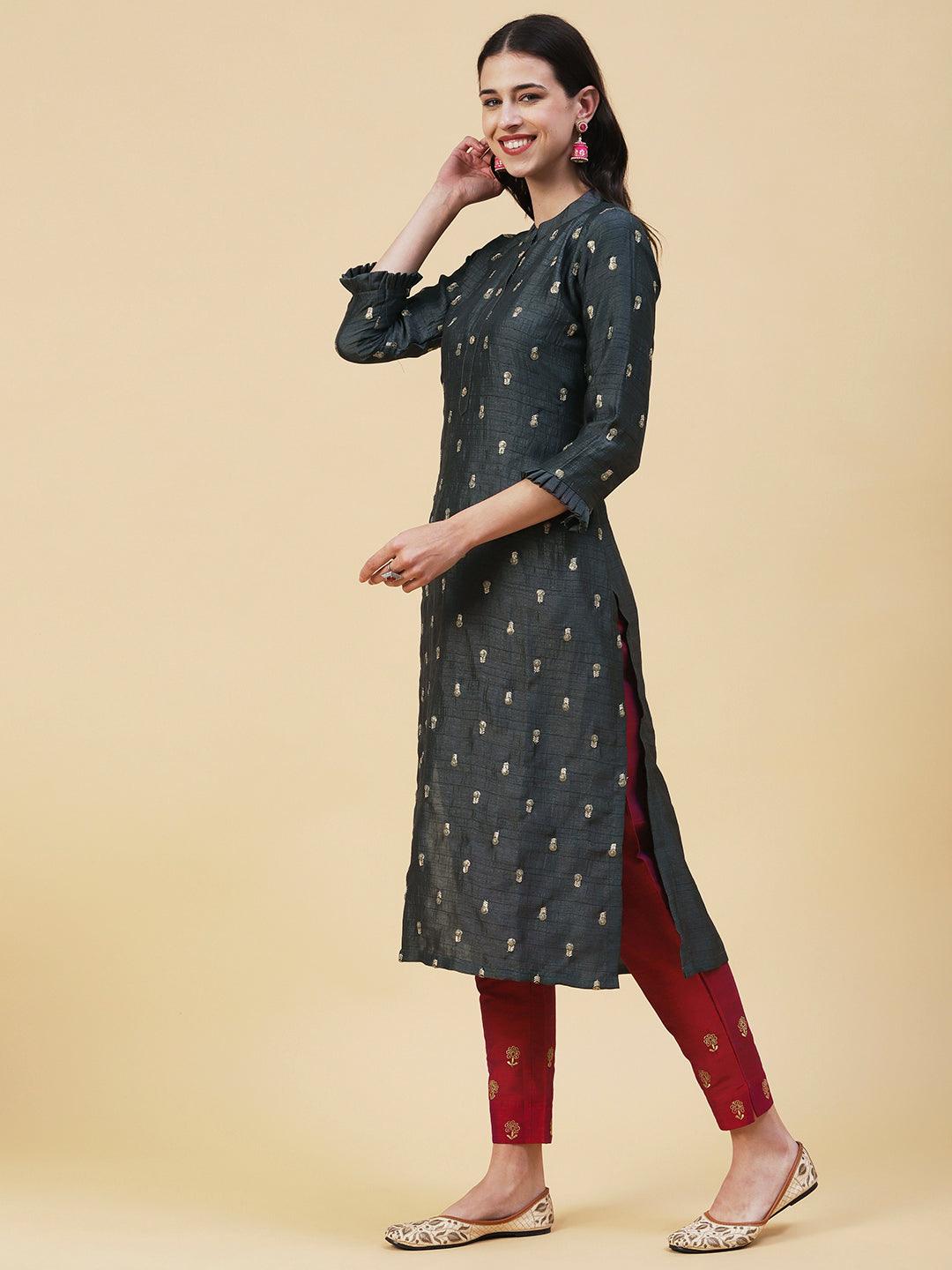 Solid Zari & Sequins Embroidered Floral Kurta - Charcoal - Indiakreations