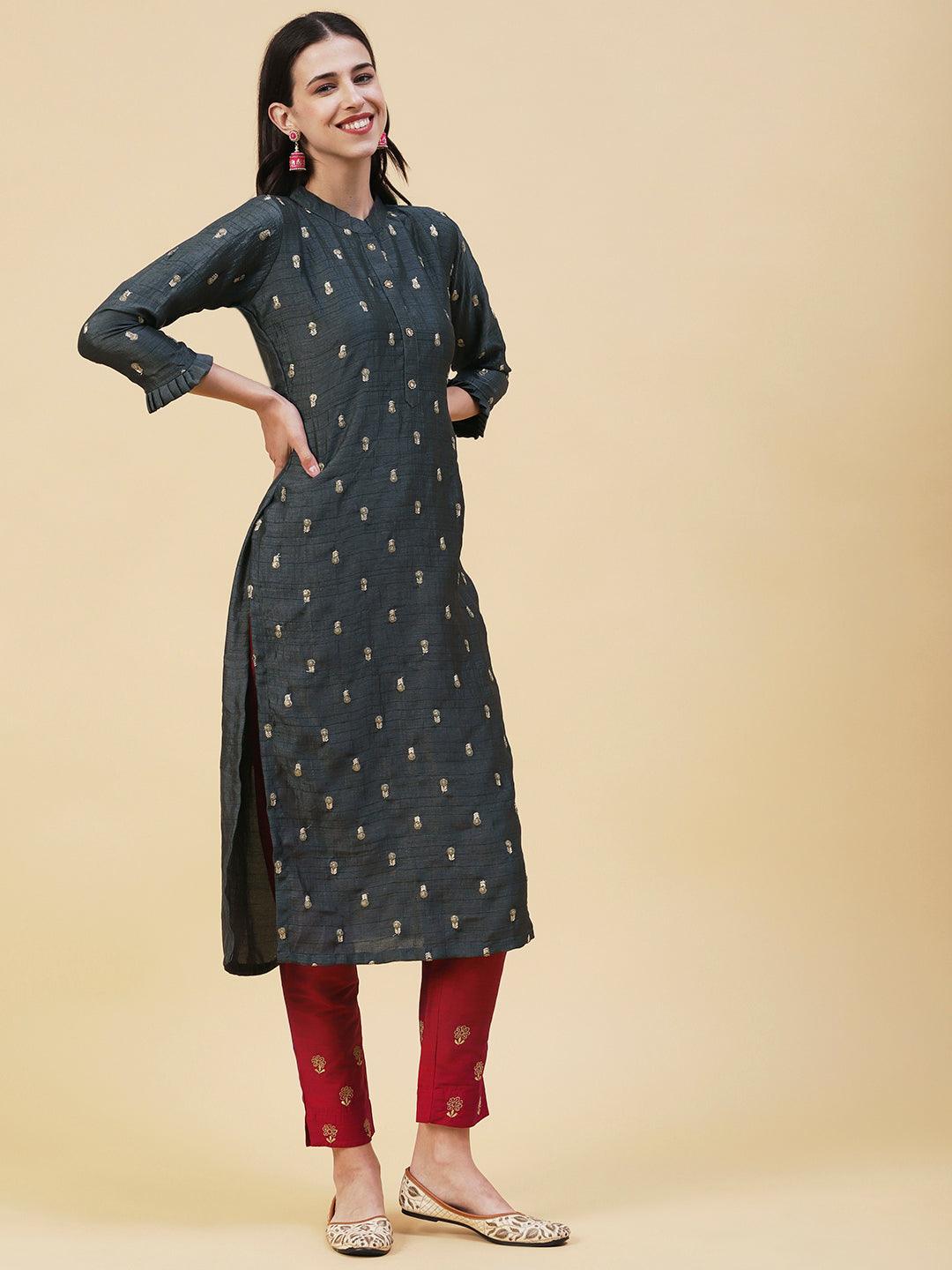 Solid Zari & Sequins Embroidered Floral Kurta - Charcoal - Indiakreations